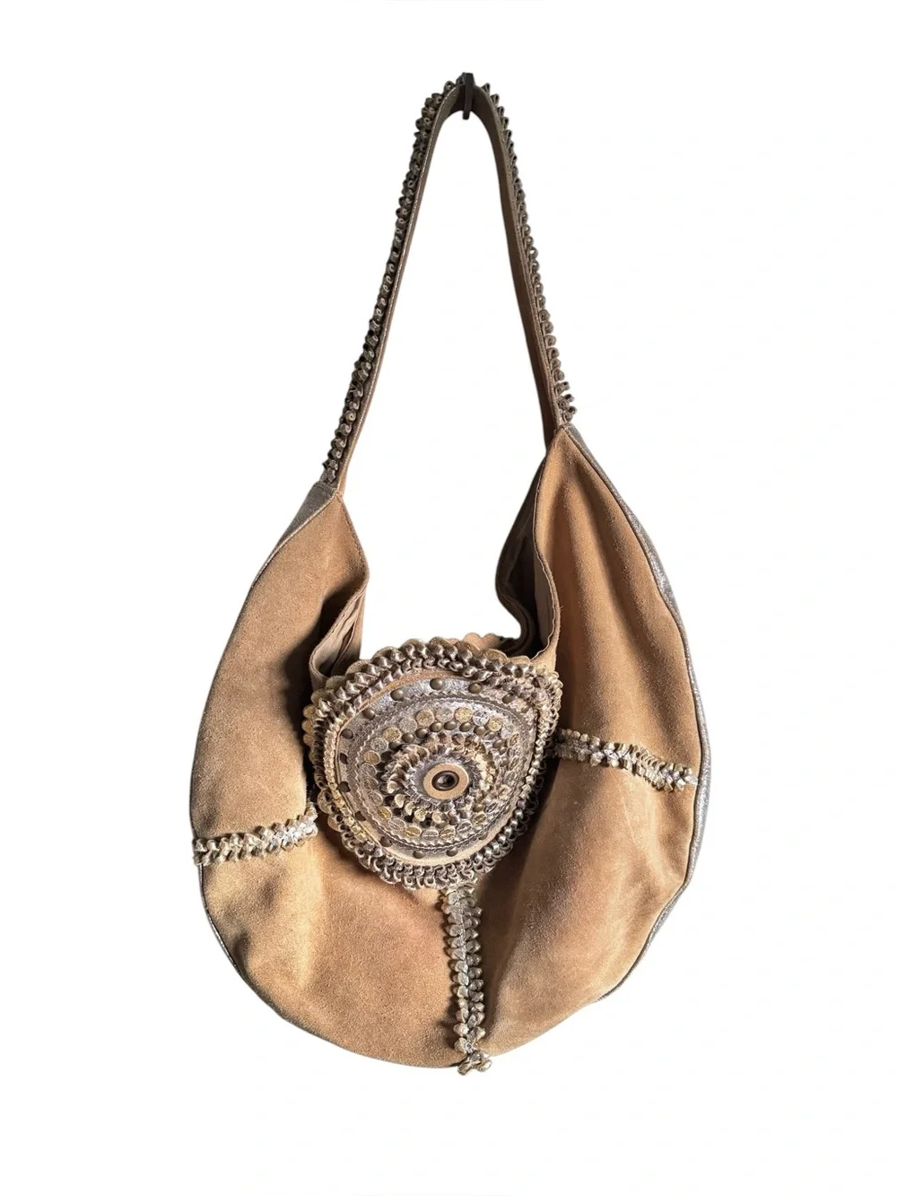Chico's Tan Suede Hobo with Silver Trim and Studded Medallion Center